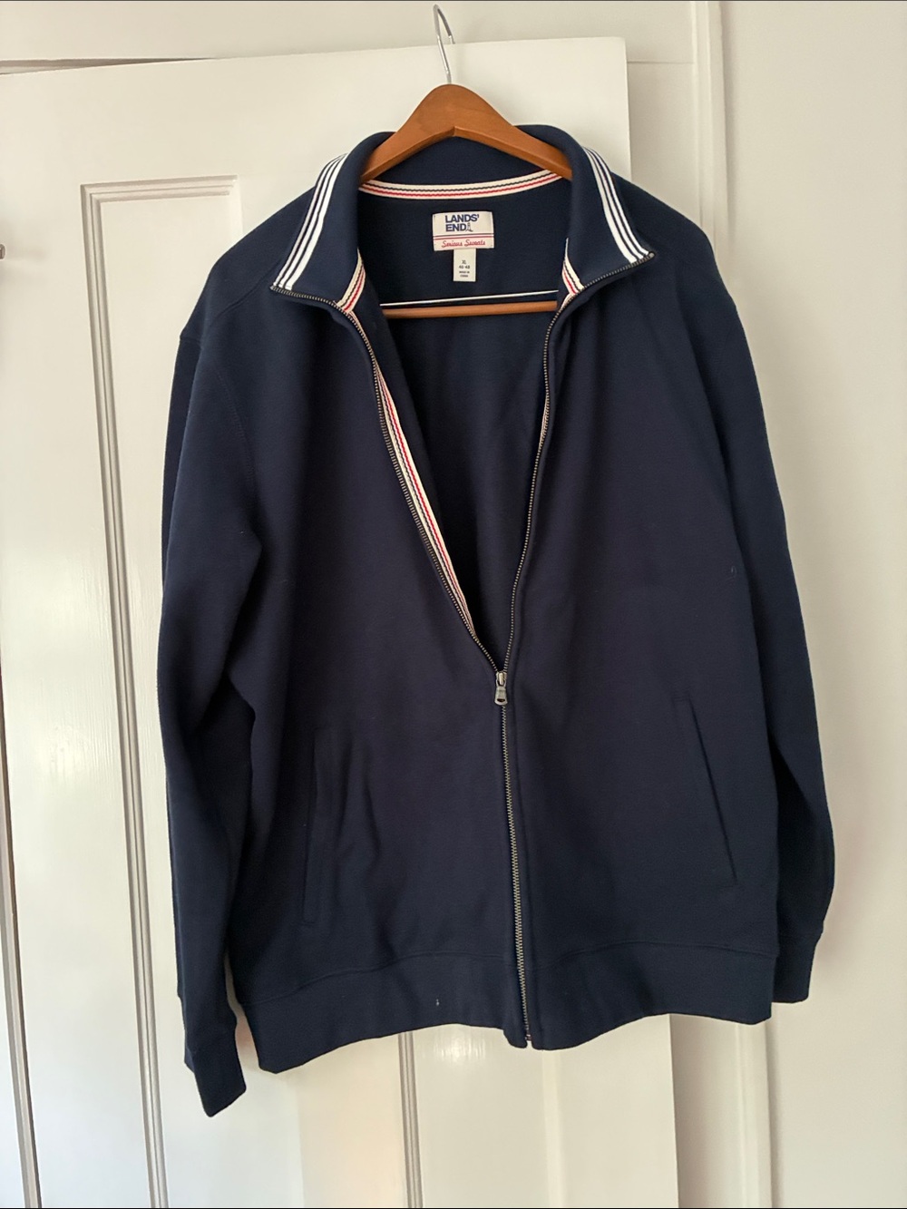 Lands' End Men’s Navy Zip-Up Sweatshirt with Striped Trim
